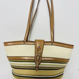 Strada Striped Woven Tote Shoulder Bag Magnetic Closure Neutral Tones
b50